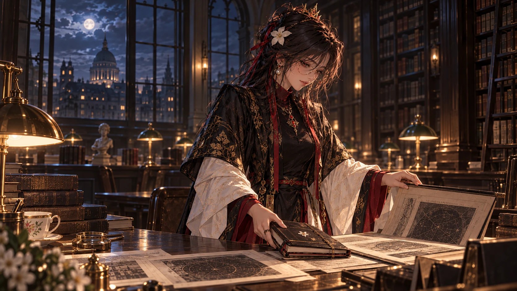 MAJO stands in a lamplit archive, carefully opening a folio beside her notebook while cool night light falls through the window.