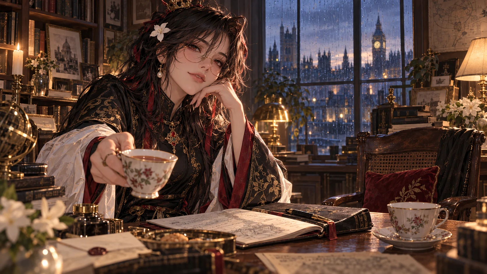 In a warm London study overlooking rain and the clock tower, MAJO offers a cup of tea across a table with an empty chair.