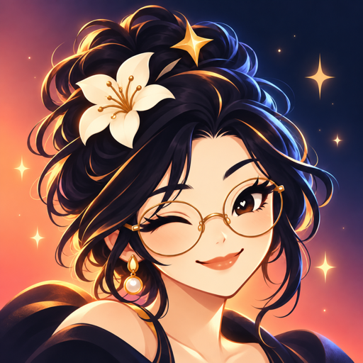 NOVA's illustrated character with round glasses, dark hair, and a starry floral accent